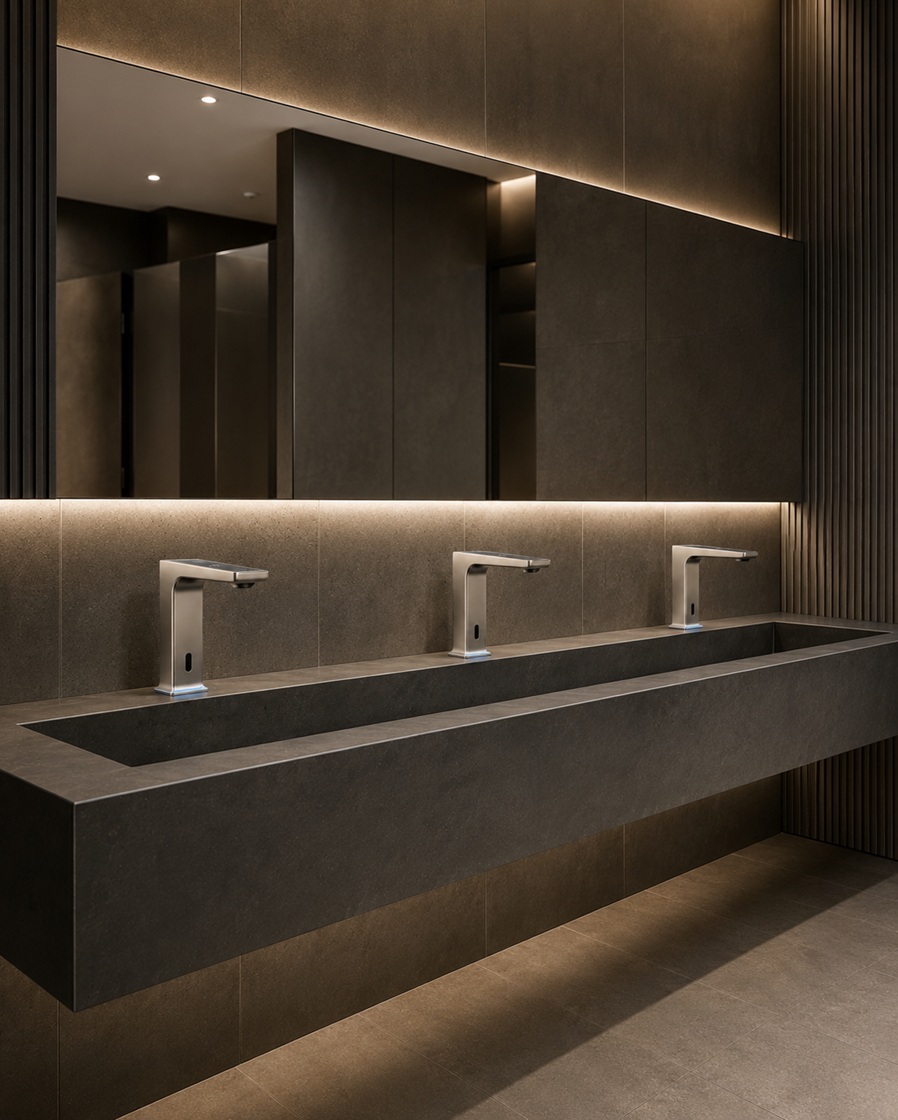 Passive cooling public facility restroom planning with water-efficient fixtures and resilient materials