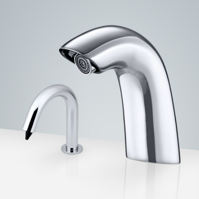 Verona chrome commercial deck mount motion sensor faucet and automatic liquid soap dispenser