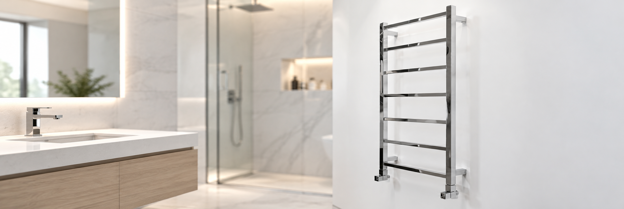 BathSelect stainless steel eight-bar wall-mount electric towel warmer in polished chrome