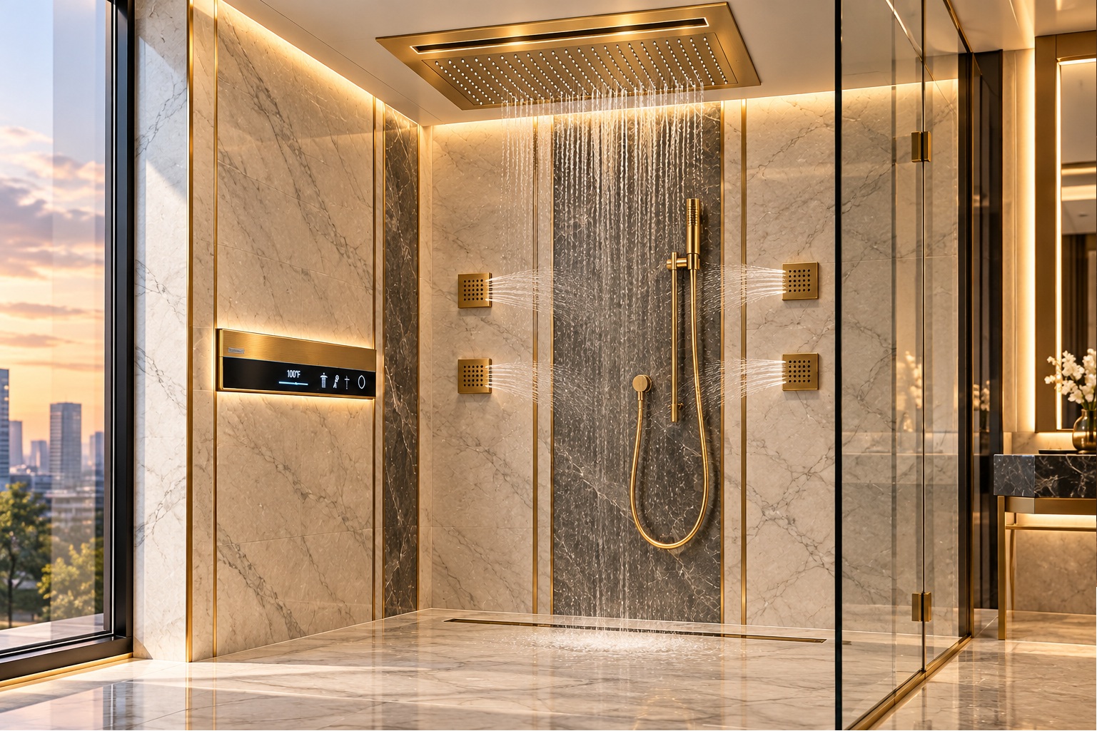 BathSelect polished chrome digital shower system with body jets and digital control