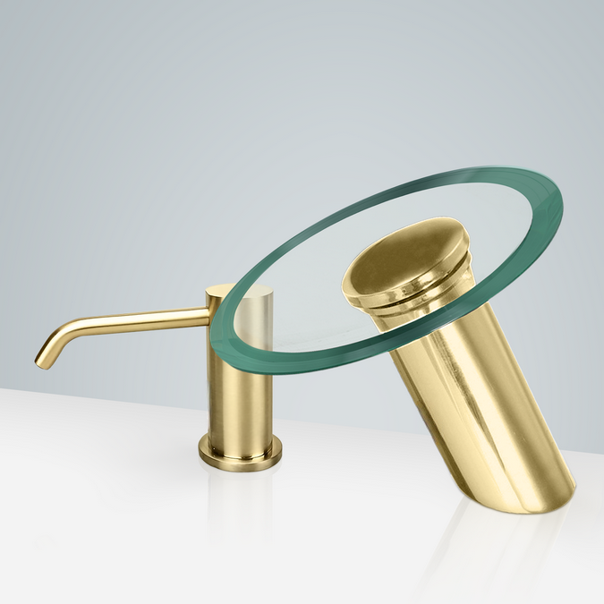BathSelect Verona brushed gold waterfall motion sensor faucet and automatic soap dispenser