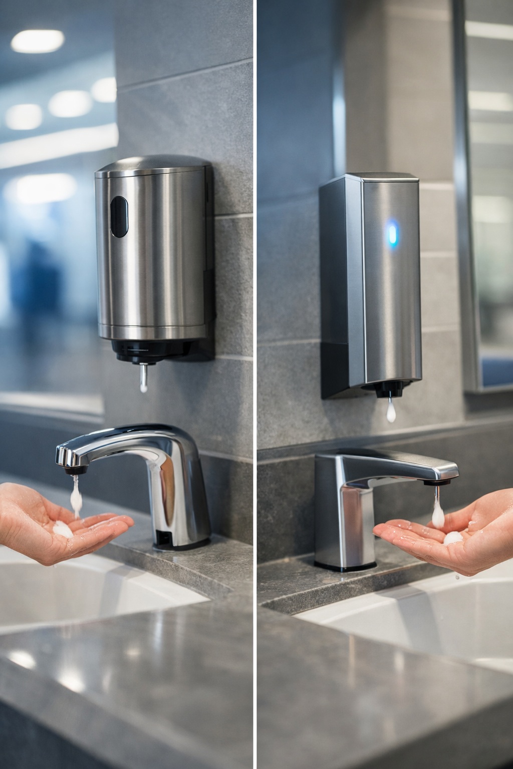 Commercial restroom with touchless soap dispensers � Sloan vs BathSelect comparison