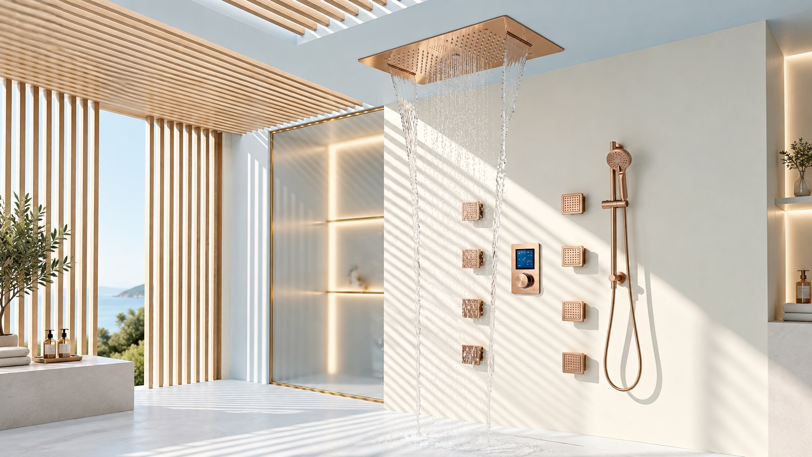 Architectural ceiling and rainfall showerheads
