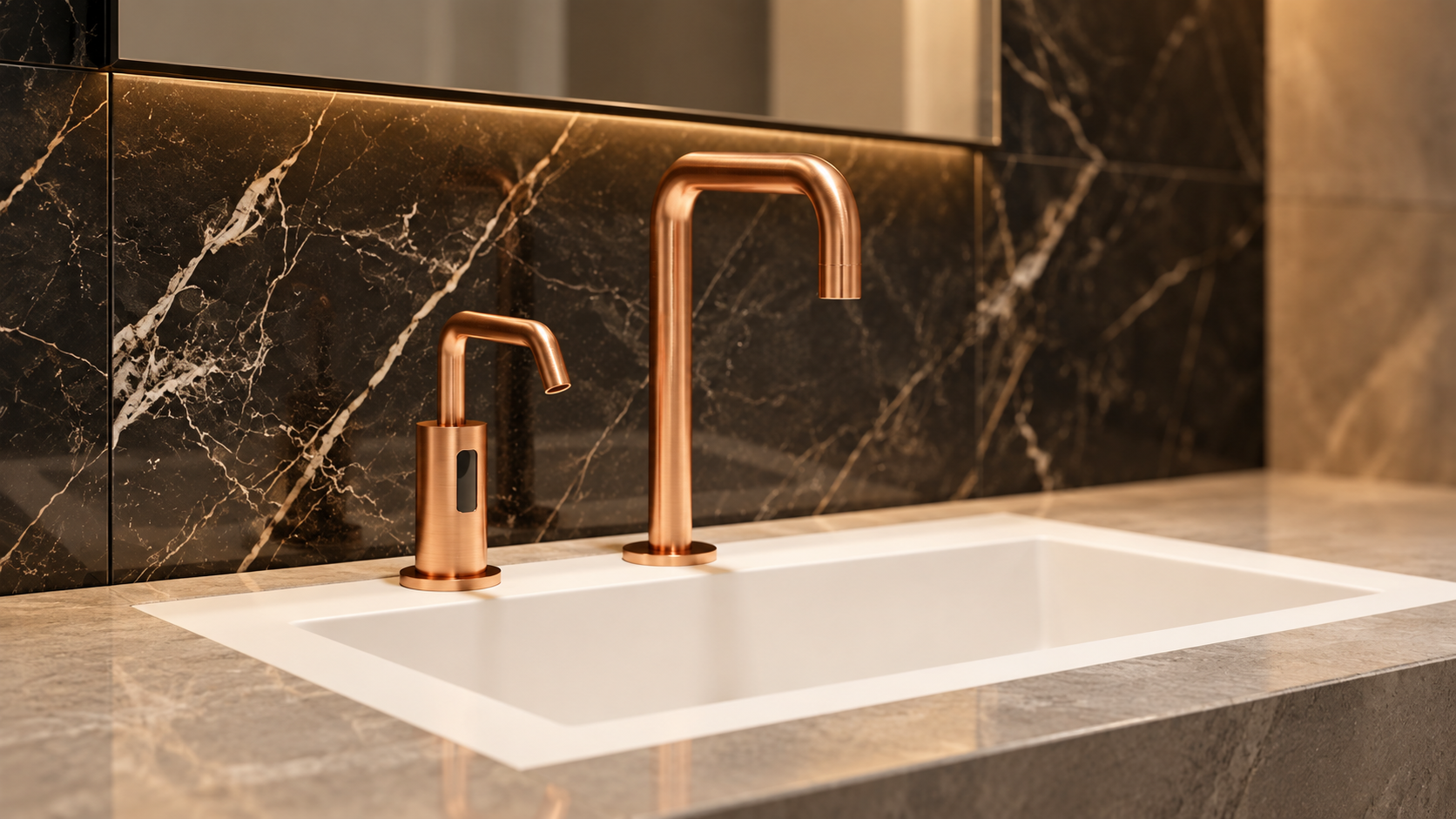 Touchless sensor faucet and manual soap dispenser for commercial public restrooms