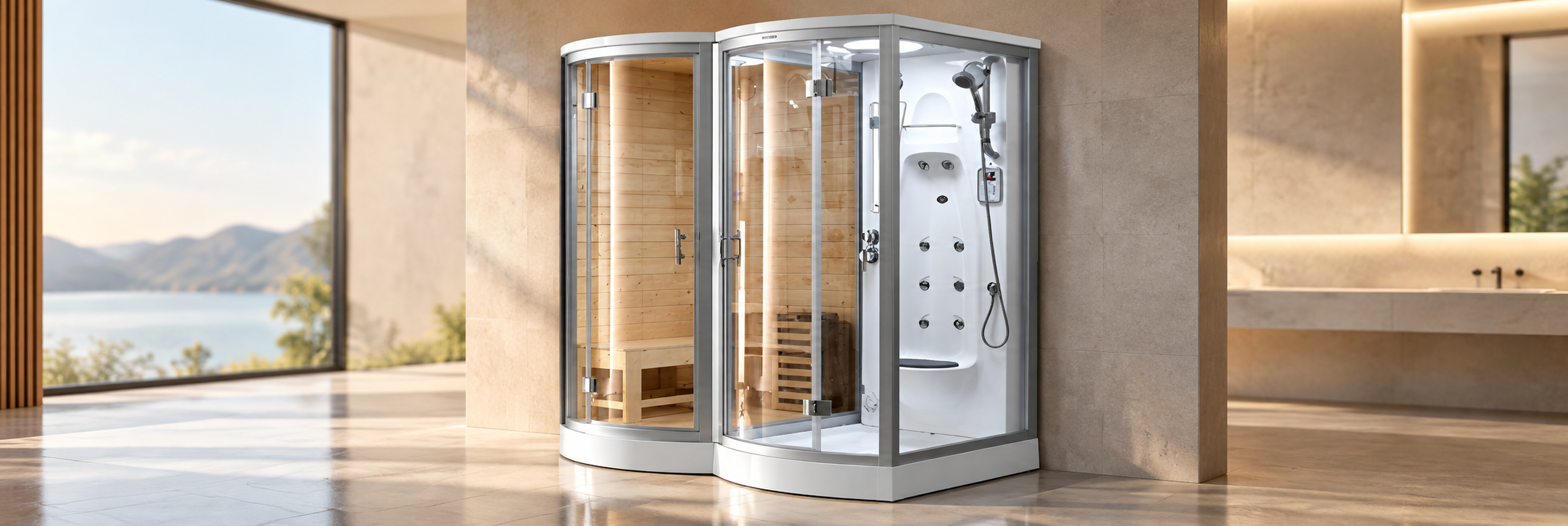 Combined steam shower and sauna enclosure with rainfall shower and integrated controls