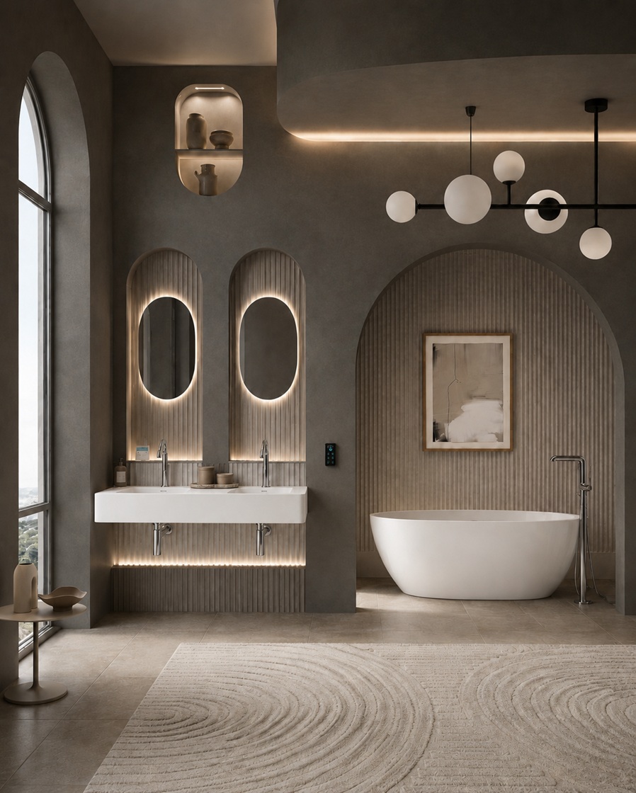 Scandinavian commercial bathroom with minimalist fixtures and user-centered interior planning
