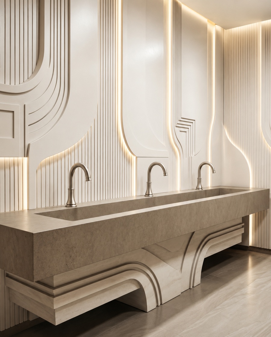 Dual BathSelect touchless faucets arranged for a commercial restroom vanity