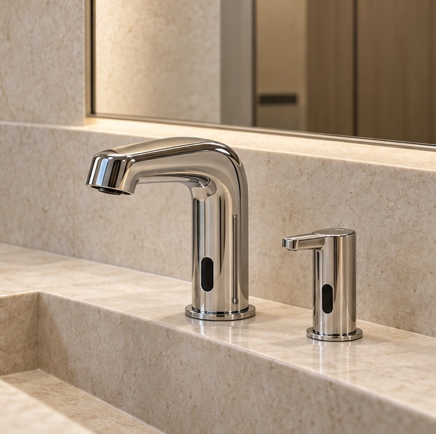 Illustration of a coordinated sensor faucet and automatic soap dispenser beside a basin