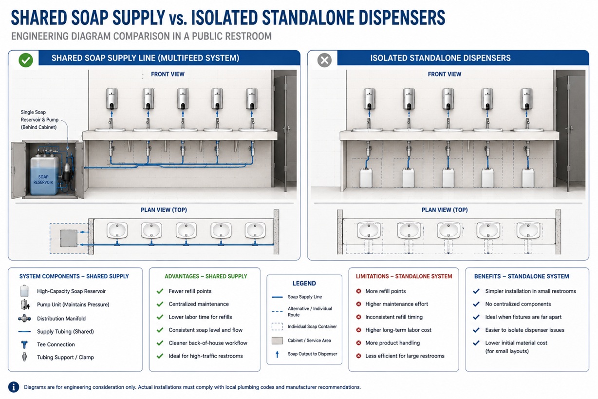 Engineering diagram comparing a shared soap supply line with isolated standalone dispensers in a public restroom