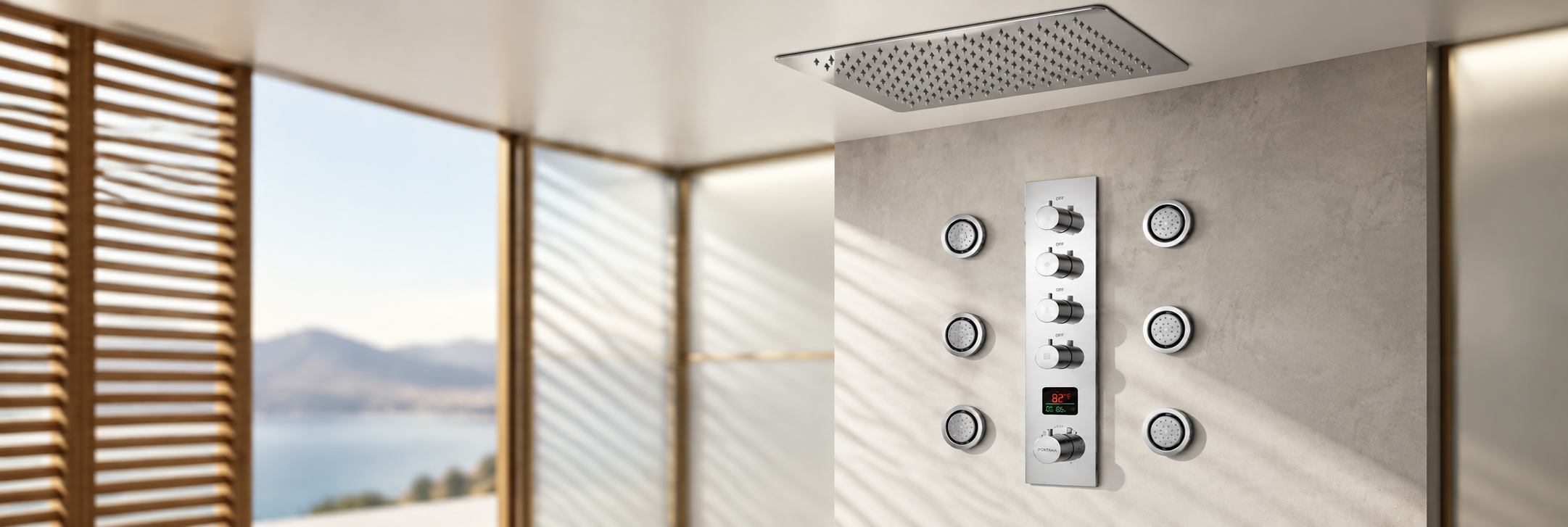Polished chrome square ceiling rainfall shower with body jets and digital control