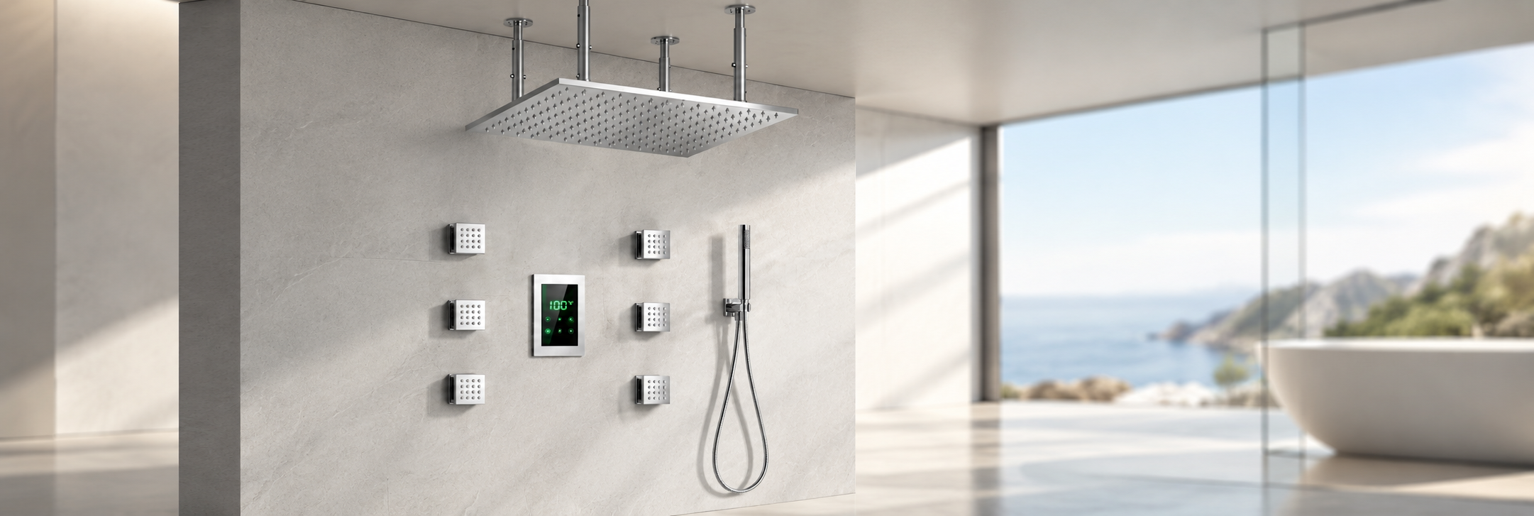 Polished chrome square ceiling rainfall shower with six body massage jets and handheld sprayer