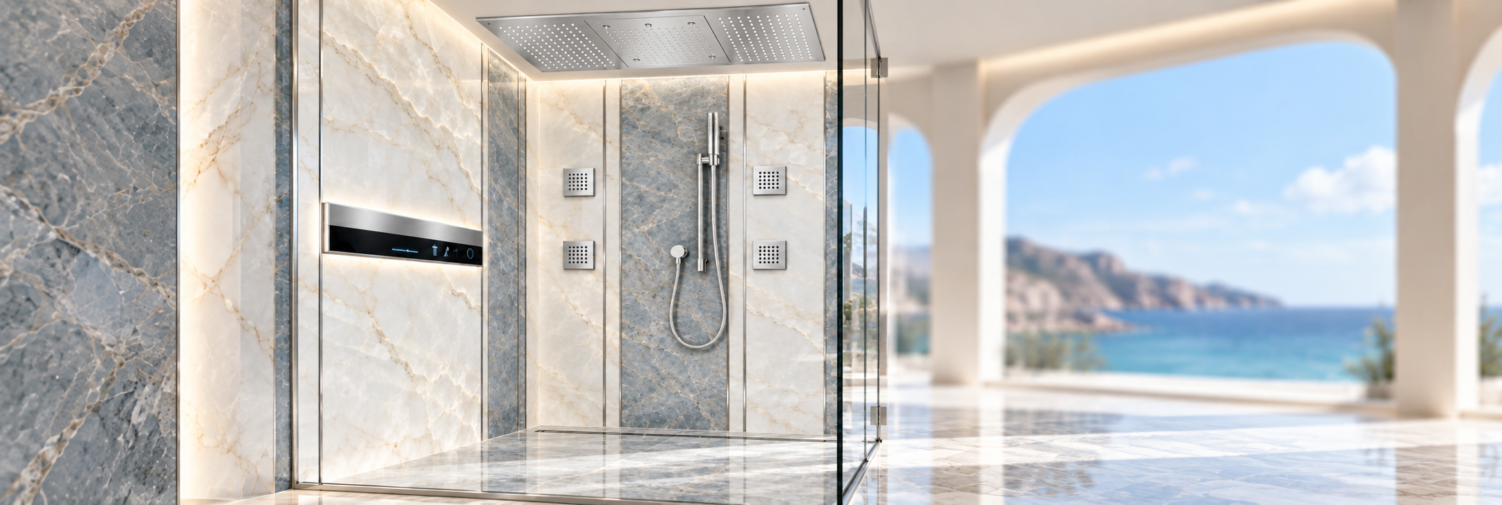 Polished chrome multifunction shower panel in a contemporary coastal villa bathroom