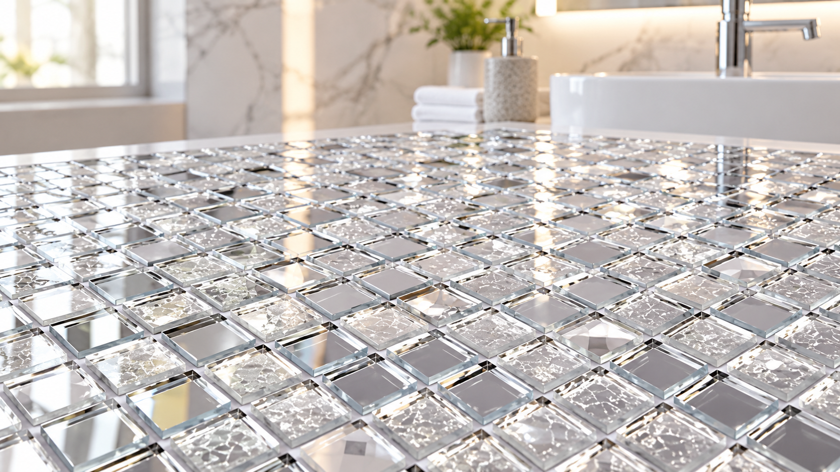 BathSelect silvery glass mosaic wall tiles for hospitality bathrooms and restrooms