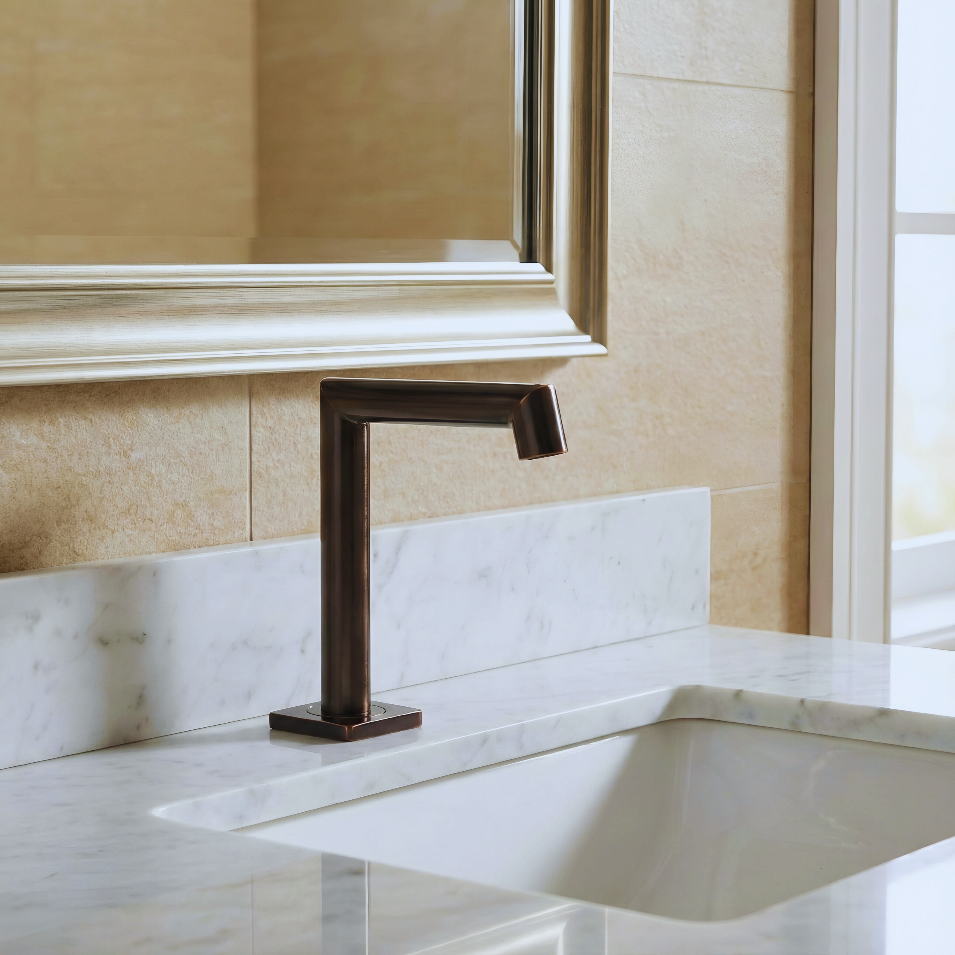 ADA compliant commercial lavatory diagram showing touchless faucet reach range, knee clearance, sensor activation zone, and accessible sink layout