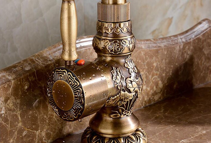 Antique Long Neck Brass Body Bathroom / Kitchen Sink Faucet with Hot & Cold Water Mixer