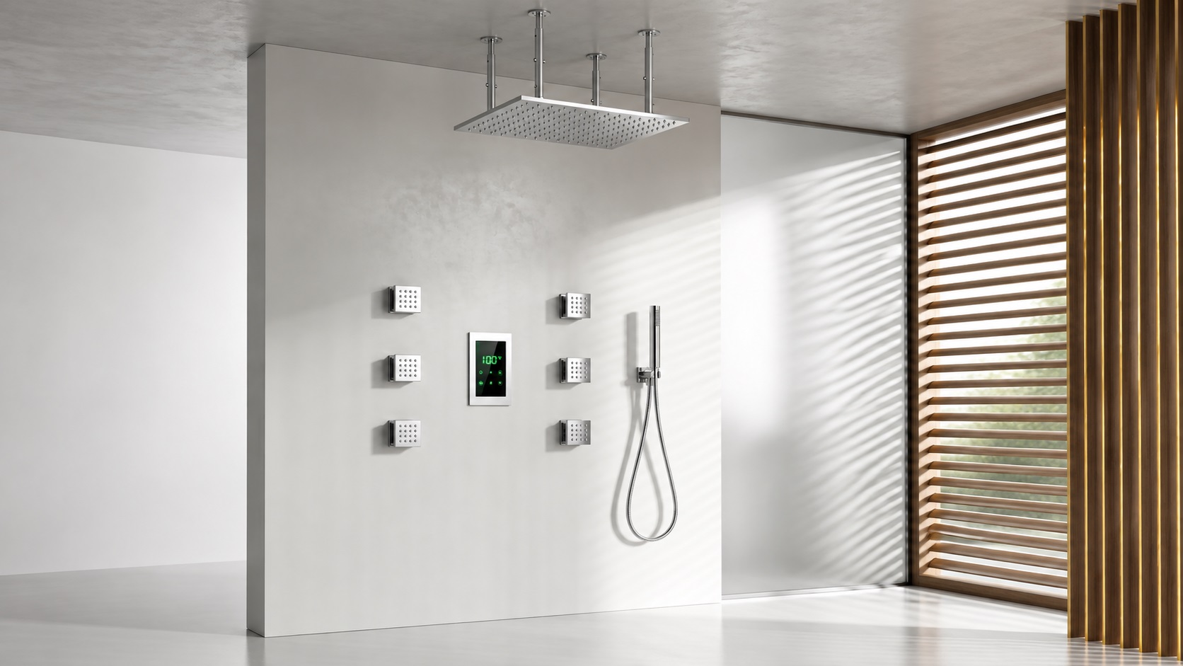 Chrome multifunctional shower systems for luxury hotel and hospitality bathrooms