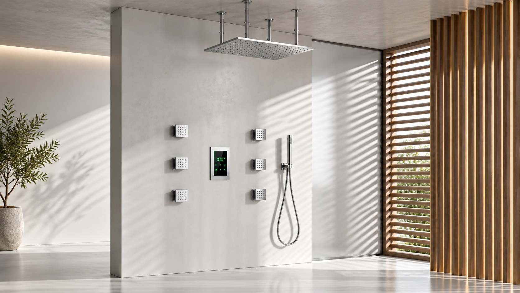 BathSelect polished chrome square ceiling rainfall shower system with body jets and digital control
