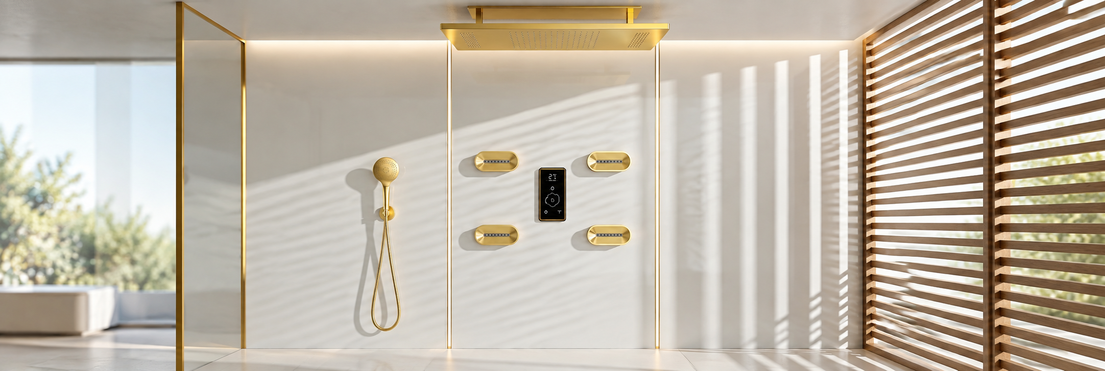 BathSelect brushed gold rounded square rainfall shower system with eight round body jets and digital control