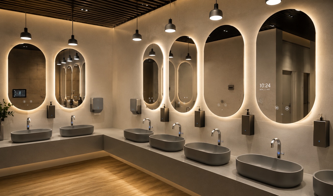 Transformational reuse restroom fixture upgrade with sustainable commercial planning