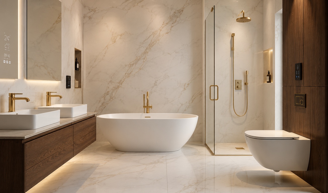 User-centered restroom fixture product selection with refined finishes and durable material planning