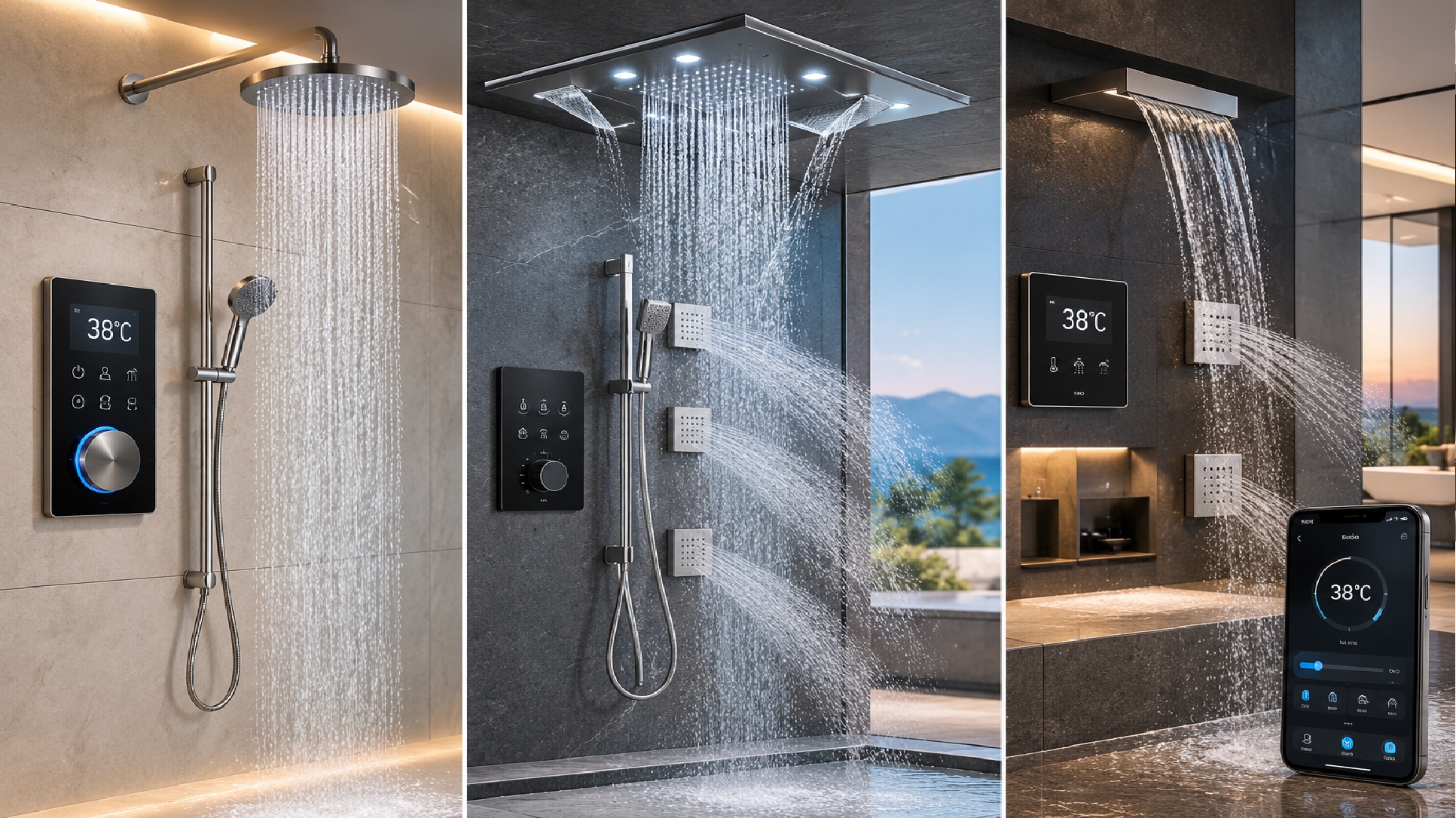 Digital shower systems illustrating programmable controls, connected operation, temperature stability, and coordinated water delivery for hospitality bathrooms