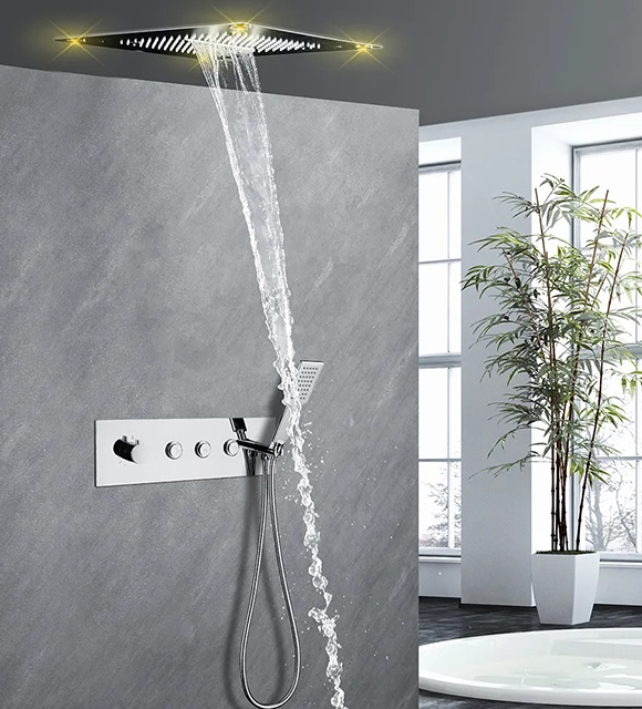 Rozin LED Light 12-inch Rainfall Top Shower Head with Wall Mounted Shower Arm Chrome Finish 