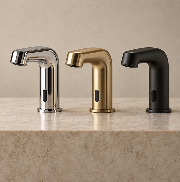 Illustration comparing touchless faucets in chrome, gold and matte black finishes