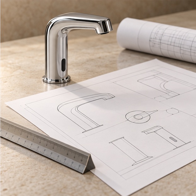 Conceptual illustration of a touchless faucet with planning drawings and an architect scale ruler