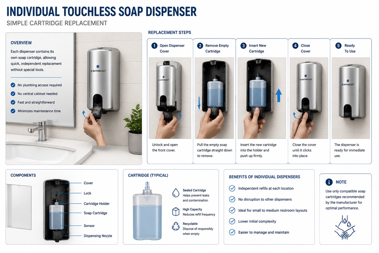 Engineering illustration showing simple cartridge replacement in an individual touchless soap dispenser