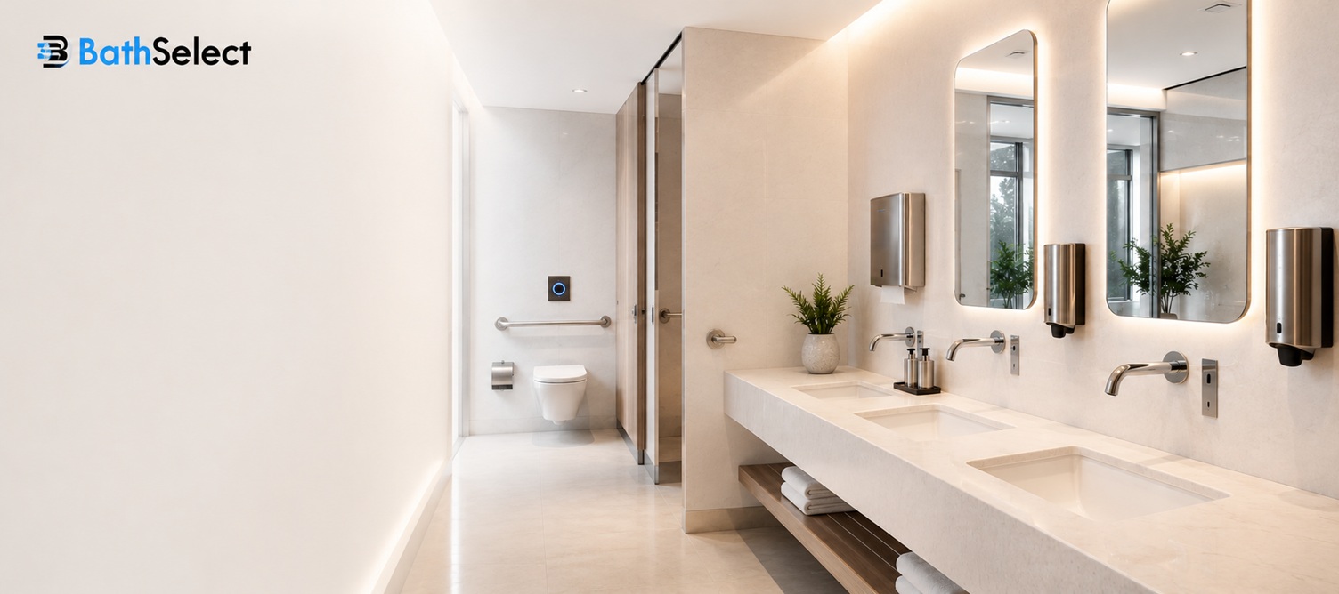 Modern commercial restroom featuring touchless faucets, automatic soap dispensers and smart hygiene technology