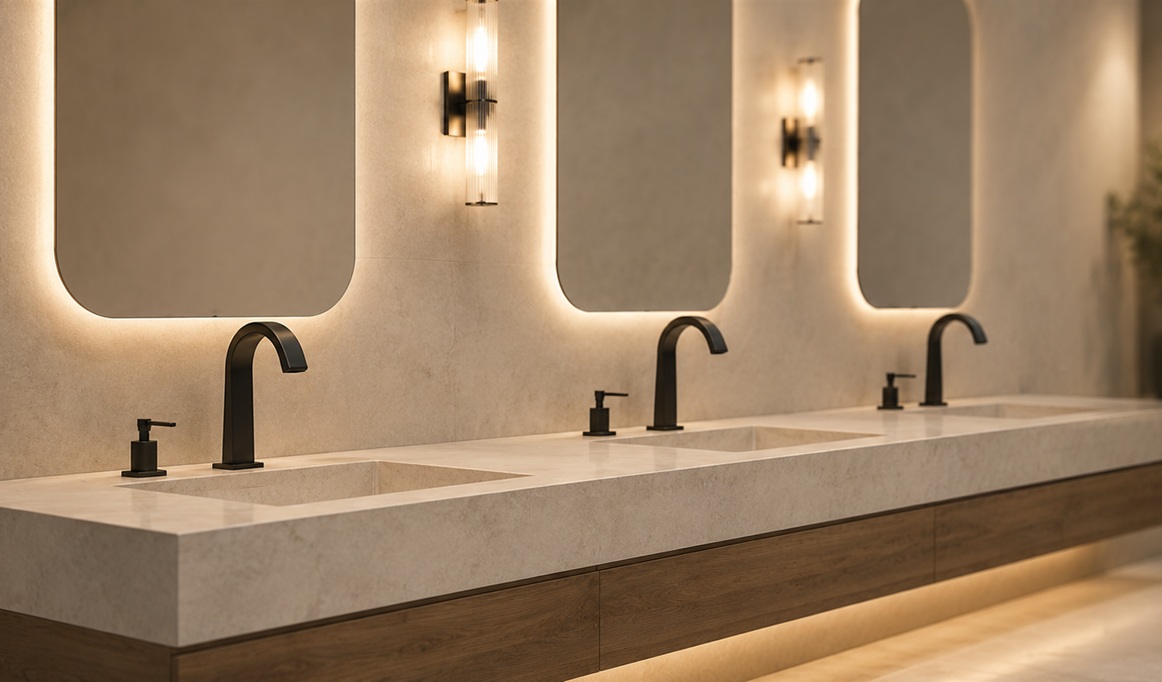 Inclusive public facility restroom product selection with accessible controls and maintenance-friendly fixtures