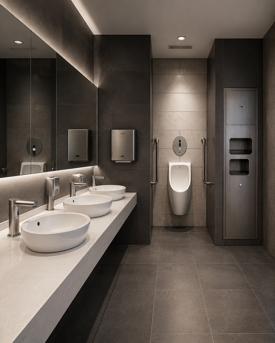 Universal design commercial restroom with accessible fixtures, grab bars, and safer public facility planning