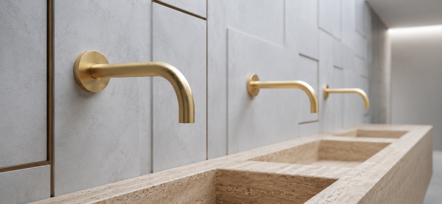 High-traffic public restroom with sustainable infrastructure, resilient materials, and efficient water systems
