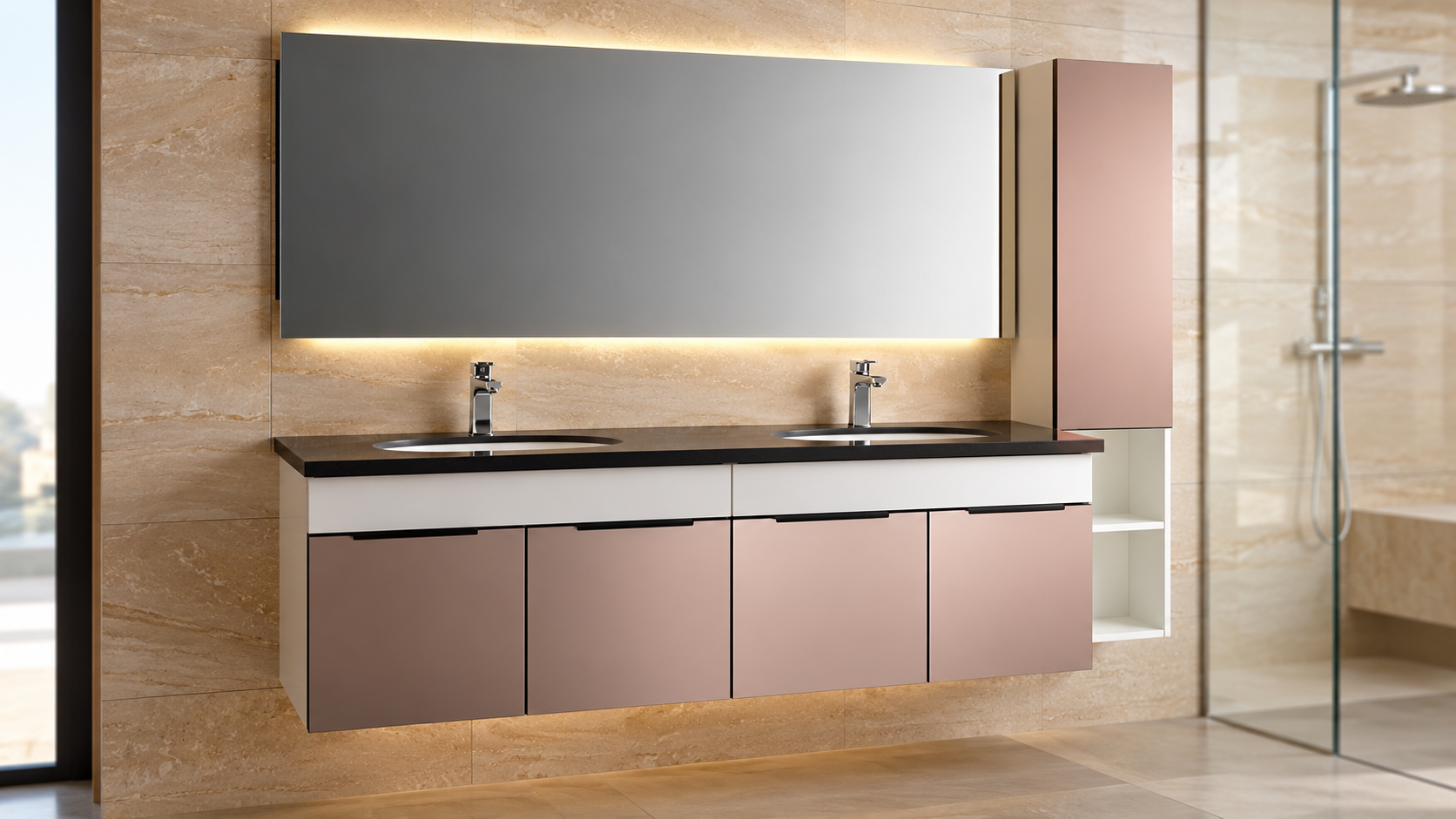 Romania contemporary wall-mounted bathroom vanity with integrated dual ceramic sinks and mirror