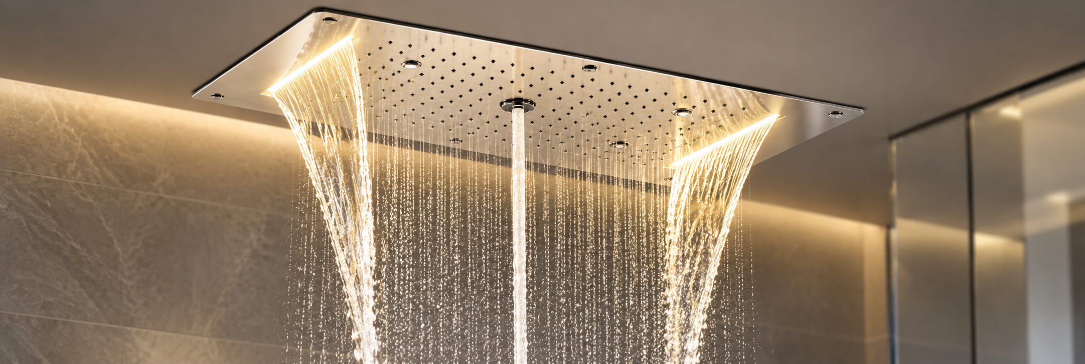 Large format brushed nickel rainfall and waterfall shower heads