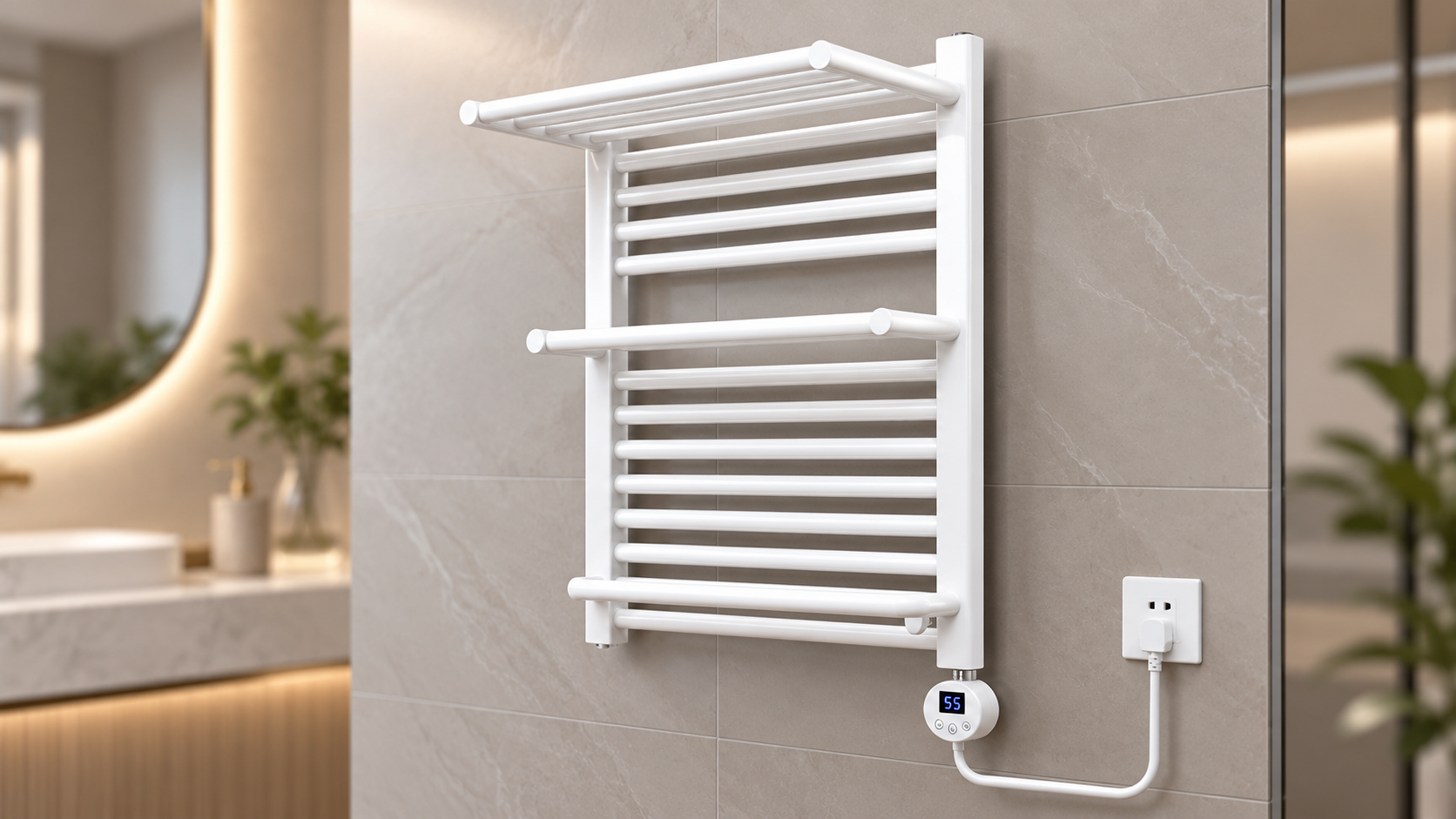 White double-layer wall-mounted electric towel warmer with intelligent temperature control for spa bathrooms