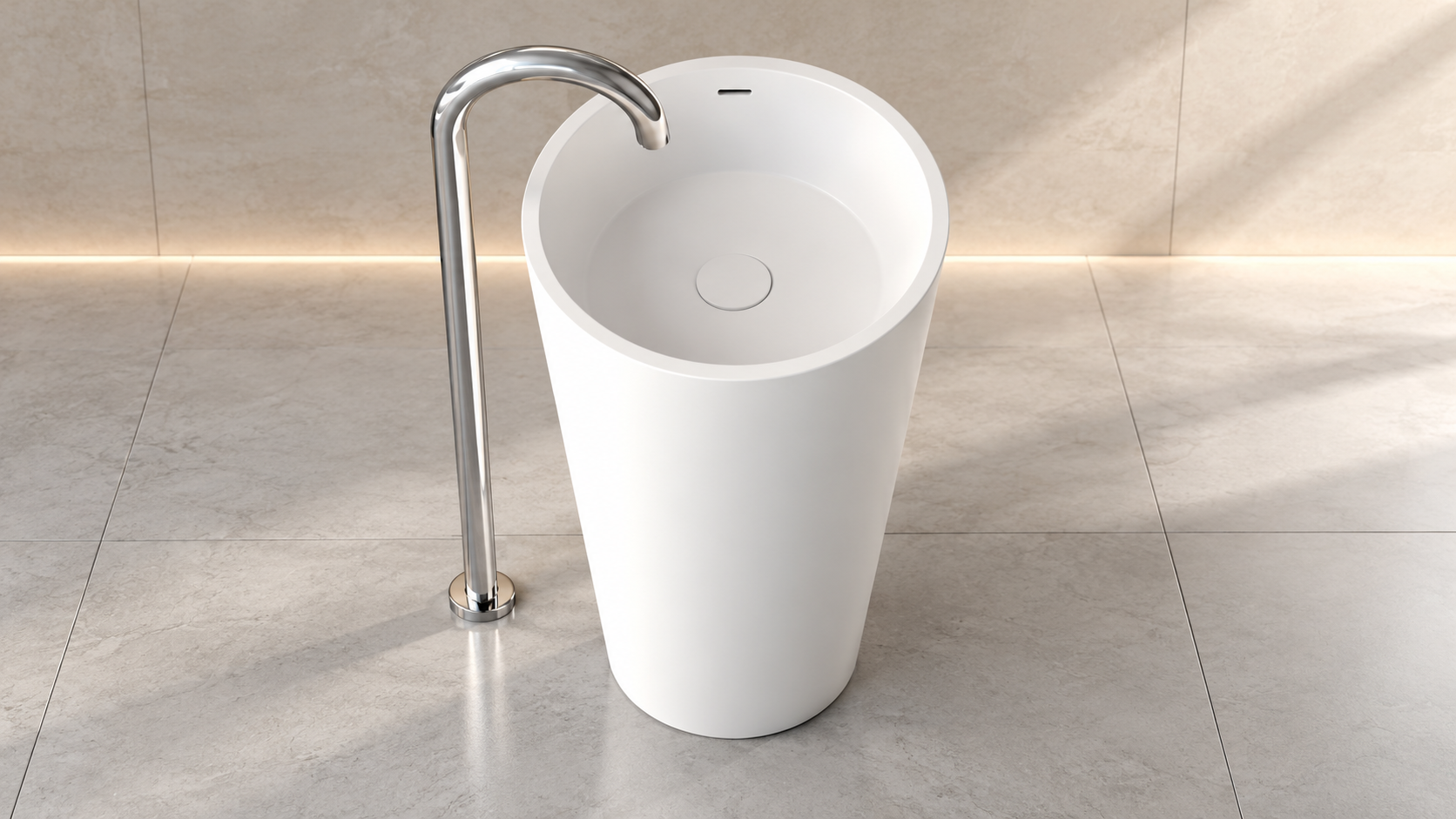 Genoa freestanding white stone pedestal sink for commercial restroom and reception washroom projects
