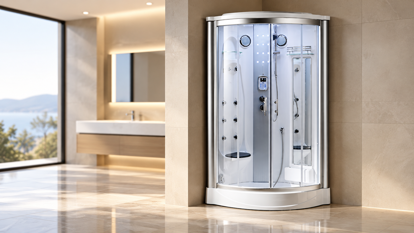 Hydromassage steam shower cabin with body massage jets for spa and wellness bathroom applications