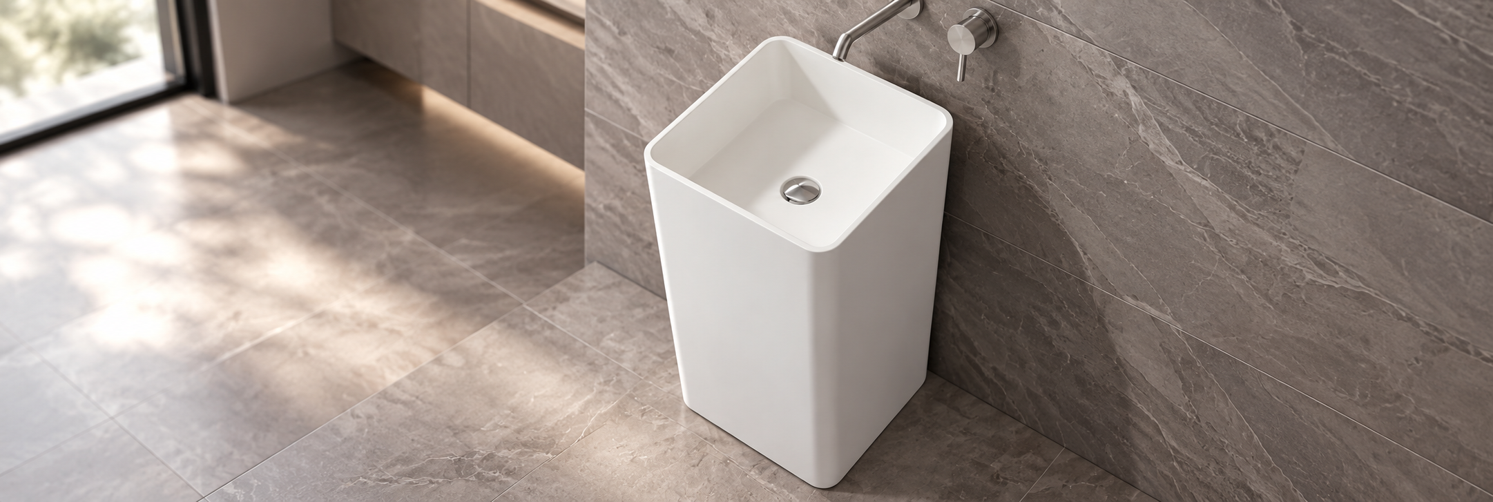 Bari cuboid freestanding pedestal vanity sink with geometric square bathroom basin