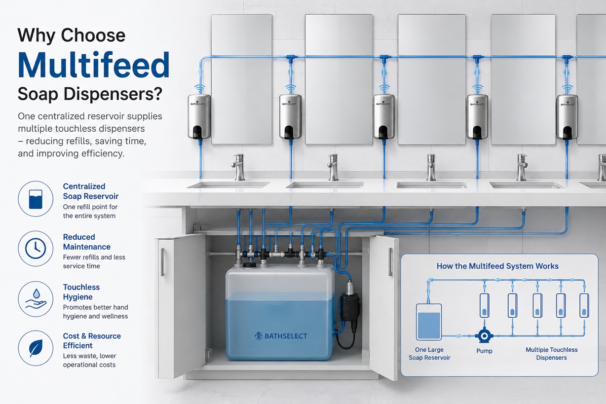 BathSelect centralized Multifeed soap system with one reservoir supplying multiple touchless dispensers and reducing individual refill points