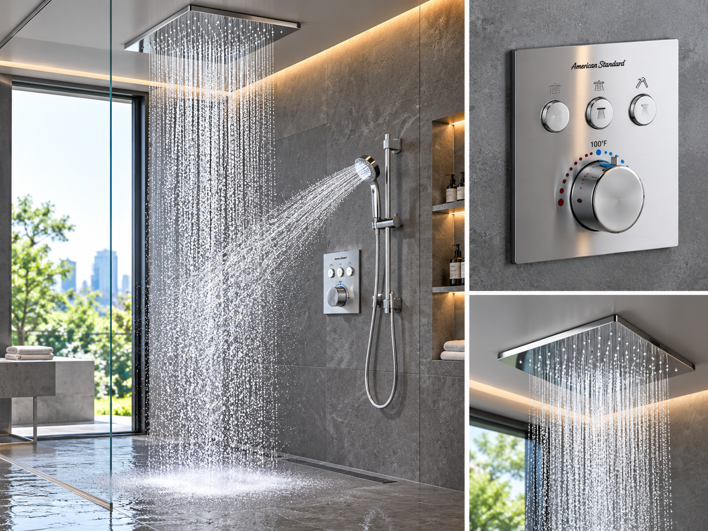 American Standard commercial shower system with thermostatic temperature control and coordinated water delivery for hospitality bathrooms