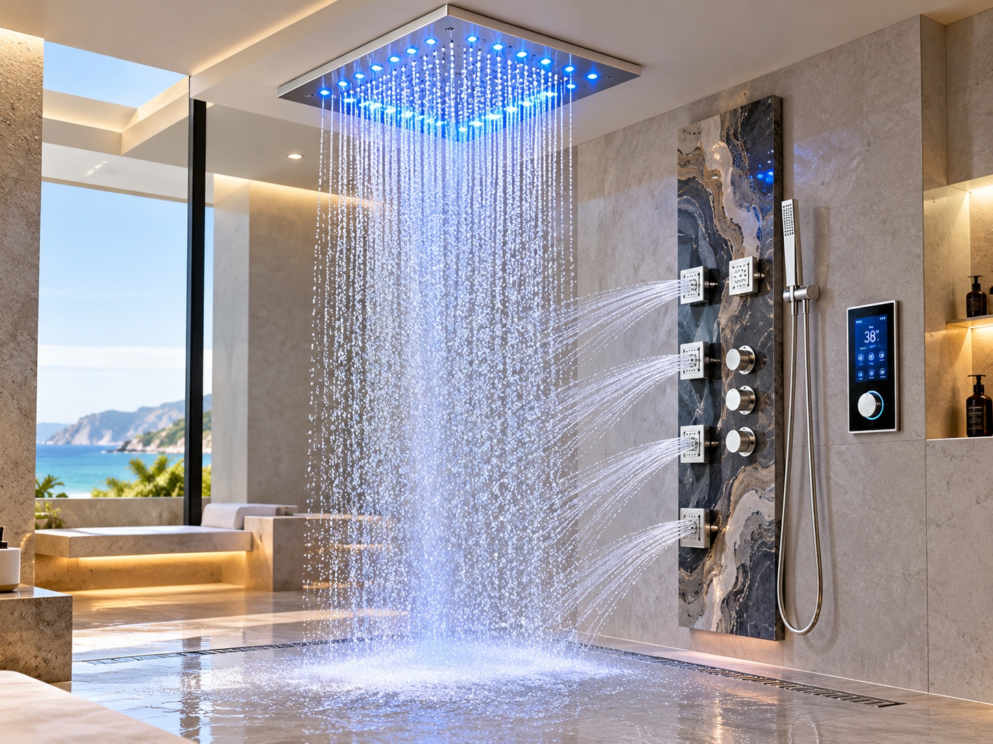 JunoShowers contemporary rain shower system with high-pressure body jets and artwork-inspired shower panel