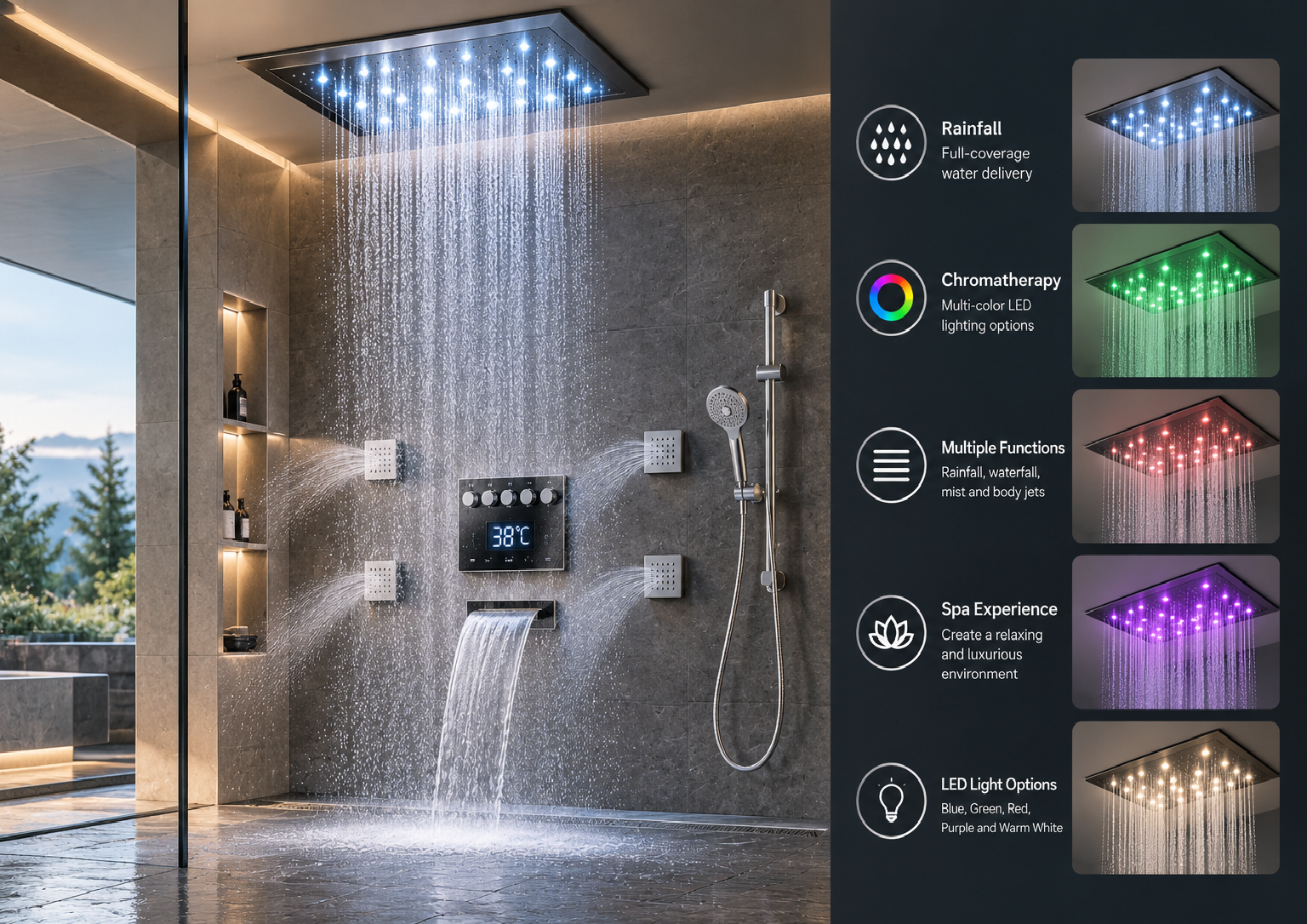 LED rainfall shower system with chromatherapy lighting for spa-oriented bathroom environments
