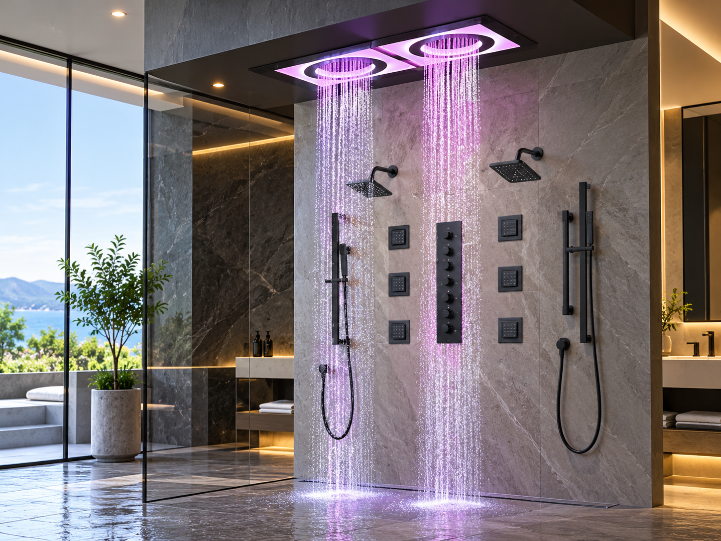 Connected smart shower system with personalized controls and programmable shower experience for premium hospitality bathrooms