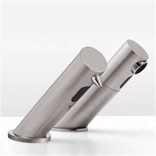 Contemporary automatic commercial sensor faucet and matching soap dispenser