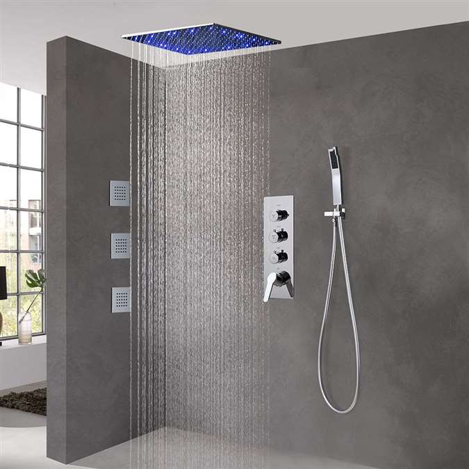 20" LED Rainfall Shower Faucet Set Square Head Mixer Body Massage Spray Jets Tap 