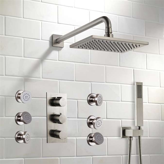 Bathroom 16" LED Shower Thermostatic Set Brushed Nickel Shower Head W/Body Jets 