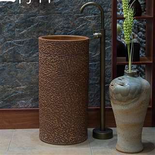 BathSelect Hospitality Freestanding Pedestal Cylinder Ceramic Wash Bathroom Sink with Faucet in Brown Engraved Finish