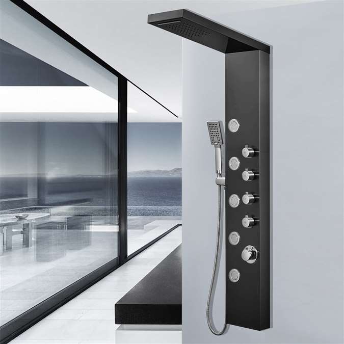 Thermostatic Shower Panel Tower Rain&Waterfall With Massager System W/ Body Jet
