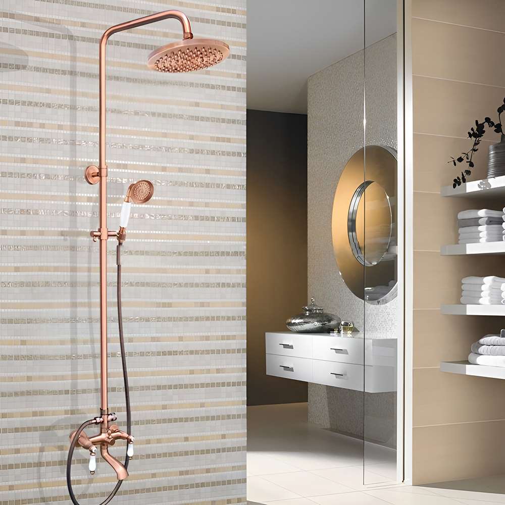 8 inch Rain Shower Faucet with Tub Spout Wall Mount Rose Gold with Shower Head and Handheld Sprayer (BS10490)
